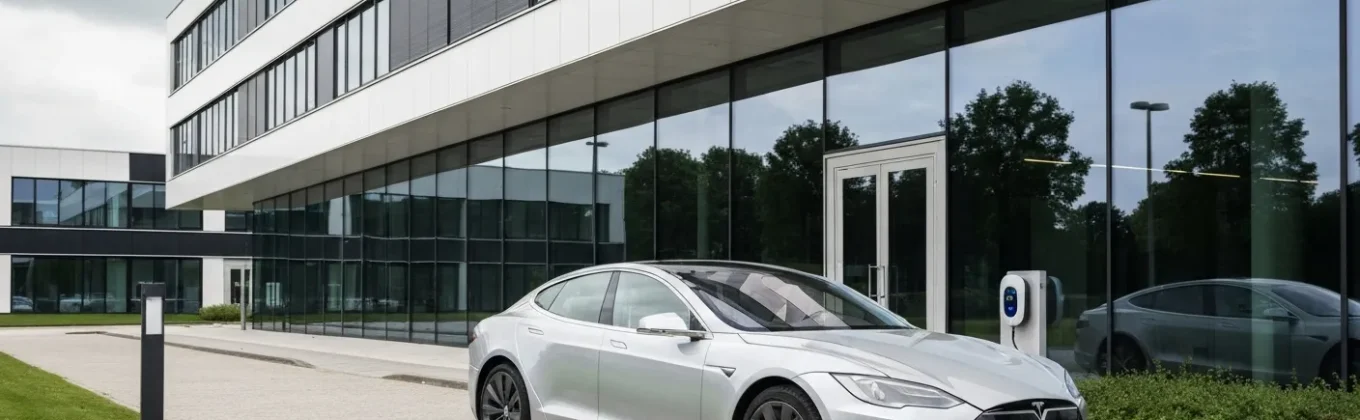 Elektrische auto laadt op bij een laadpaal voor een modern Nederlands kantoorgebouw met glazen gevel