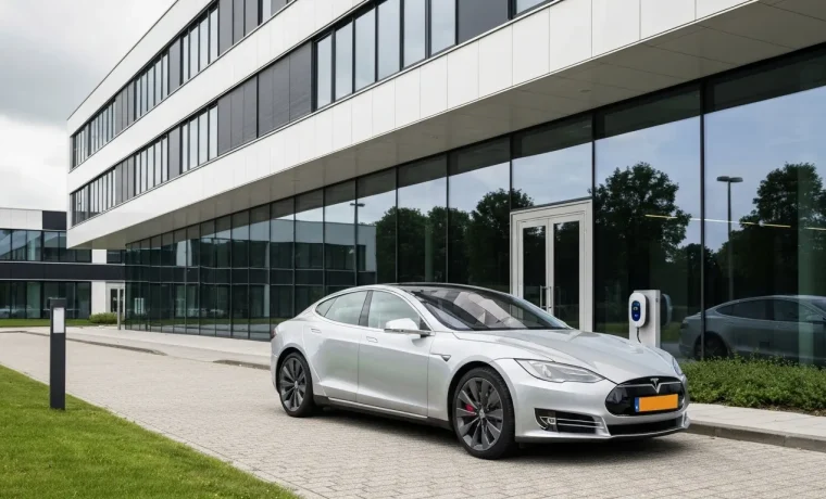 Elektrische auto laadt op bij een laadpaal voor een modern Nederlands kantoorgebouw met glazen gevel