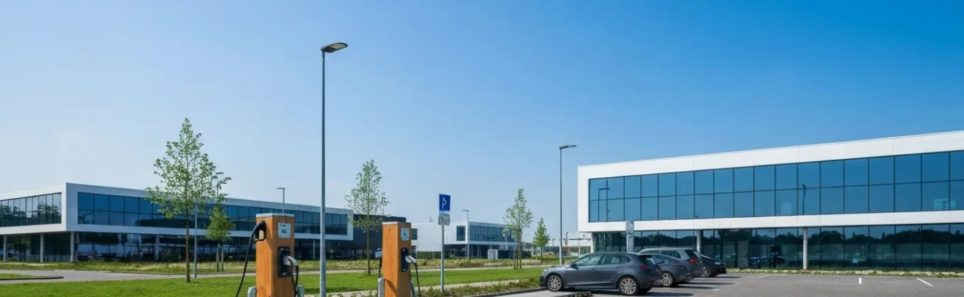 Moderne laadpalen op een bedrijfsparkeerplaats met elektrische auto's voor een kantoorgebouw in daglicht