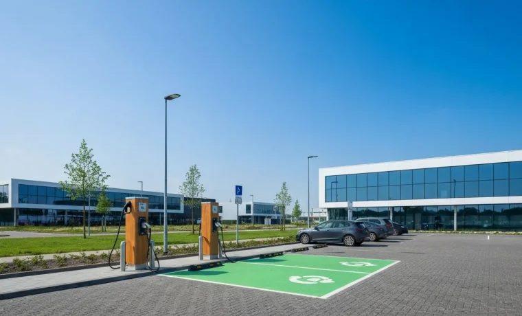 Moderne laadpalen op een bedrijfsparkeerplaats met elektrische auto's voor een kantoorgebouw in daglicht