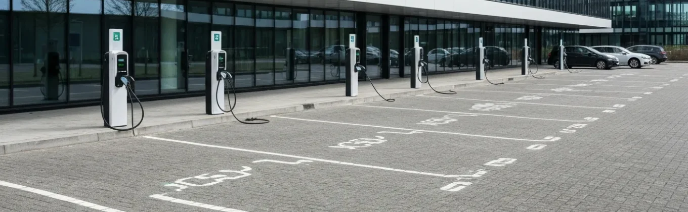 Laadstations voor elektrische auto's op de parkeerplaats bij een modern kantoorpand met glazen gevel