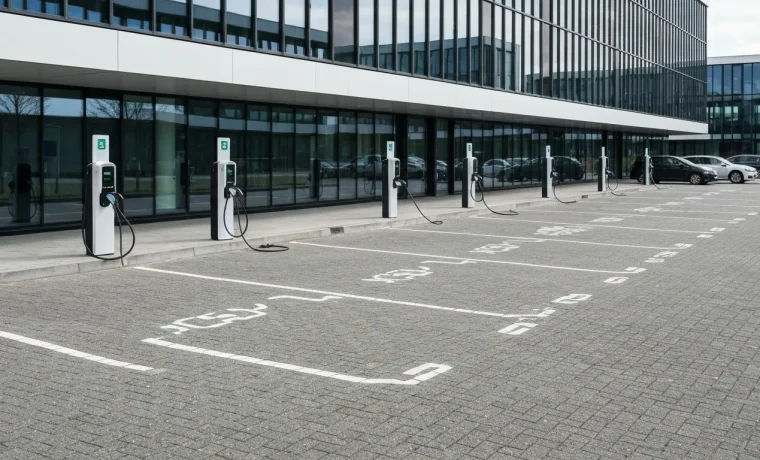 Laadstations voor elektrische auto's op de parkeerplaats bij een modern kantoorpand met glazen gevel