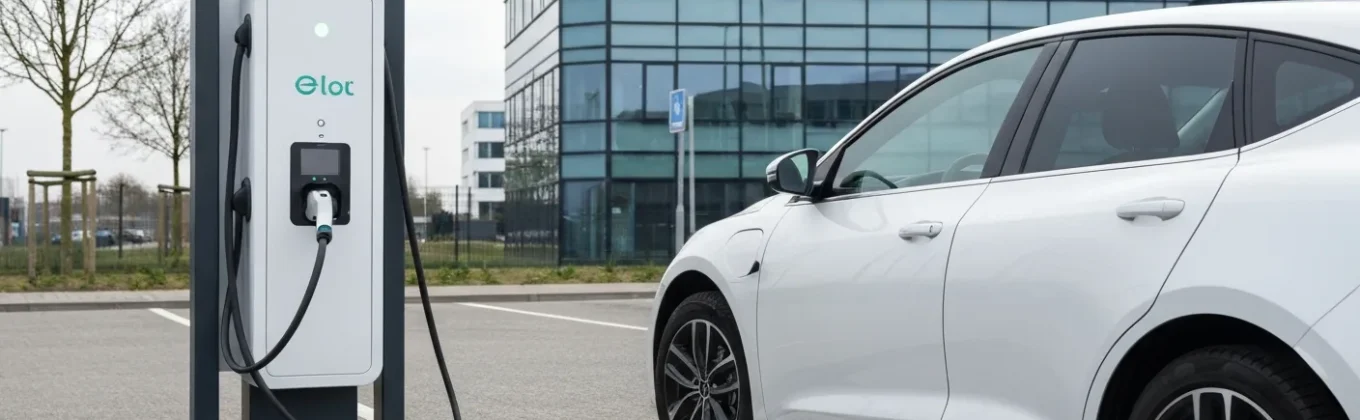 Moderne laadpaal met laadkabel aangesloten op elektrische auto op bedrijfsparkeerterrein bij kantoorgebouw