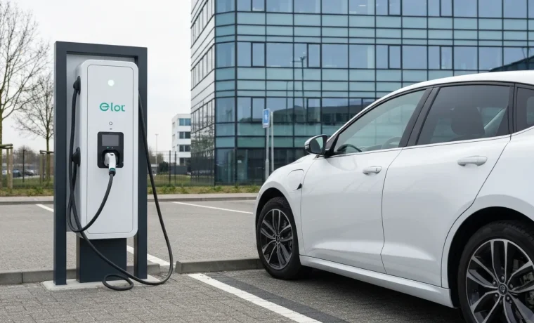 Moderne laadpaal met laadkabel aangesloten op elektrische auto op bedrijfsparkeerterrein bij kantoorgebouw