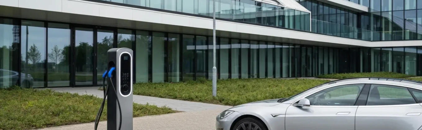Elektrische auto aan een laadpaal voor een modern Nederlands kantoorgebouw met zonnepanelen en groene beplanting