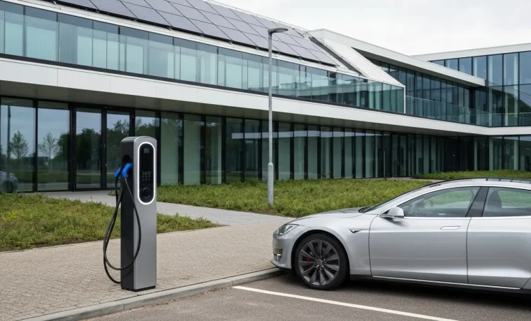 Elektrische auto aan een laadpaal voor een modern Nederlands kantoorgebouw met zonnepanelen en groene beplanting