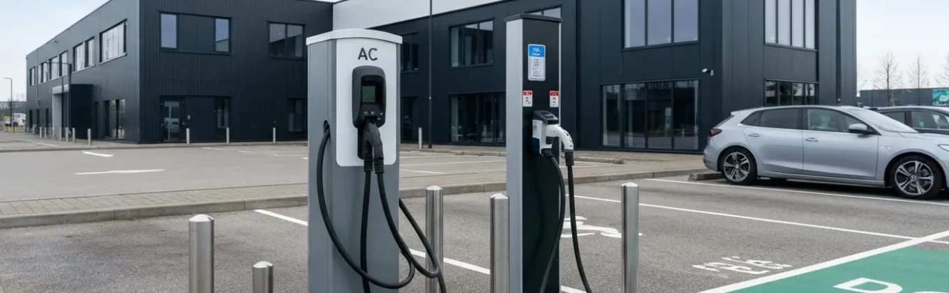 Compacte AC-laadpaal naast een grotere DC-snellader op een moderne Nederlandse bedrijfsparkeerplaats met elektrische auto in daglicht