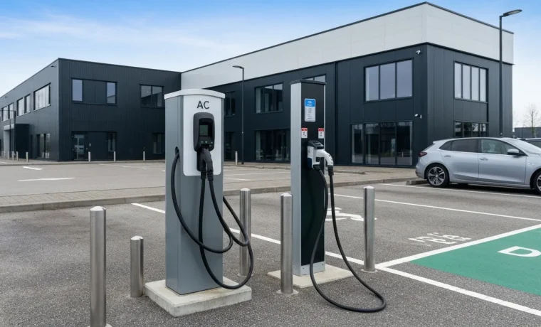 Compacte AC-laadpaal naast een grotere DC-snellader op een moderne Nederlandse bedrijfsparkeerplaats met elektrische auto in daglicht