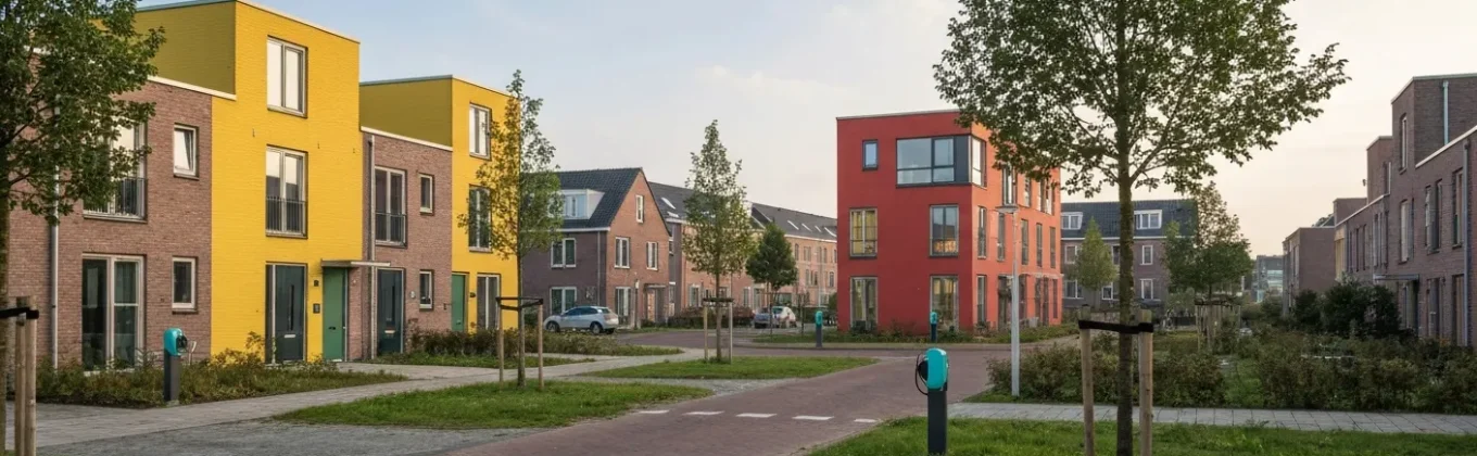 Laadpalen bij een woningcorporatie met parkeerplaats en modern appartementencomplex met bakstenen gevel