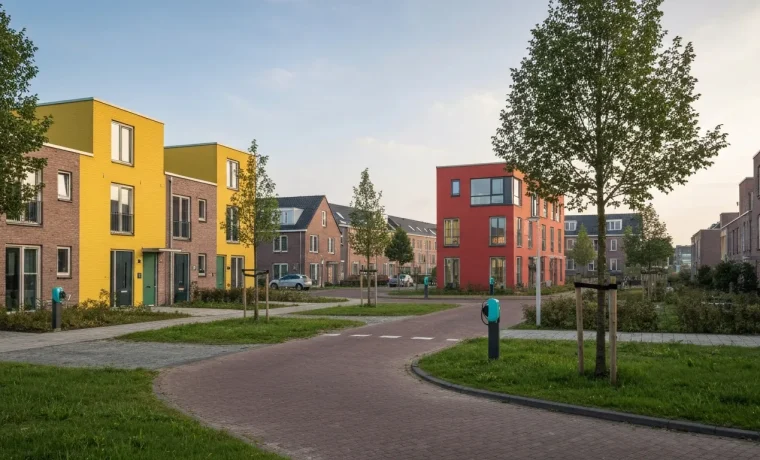 Laadpalen bij een woningcorporatie met parkeerplaats en modern appartementencomplex met bakstenen gevel