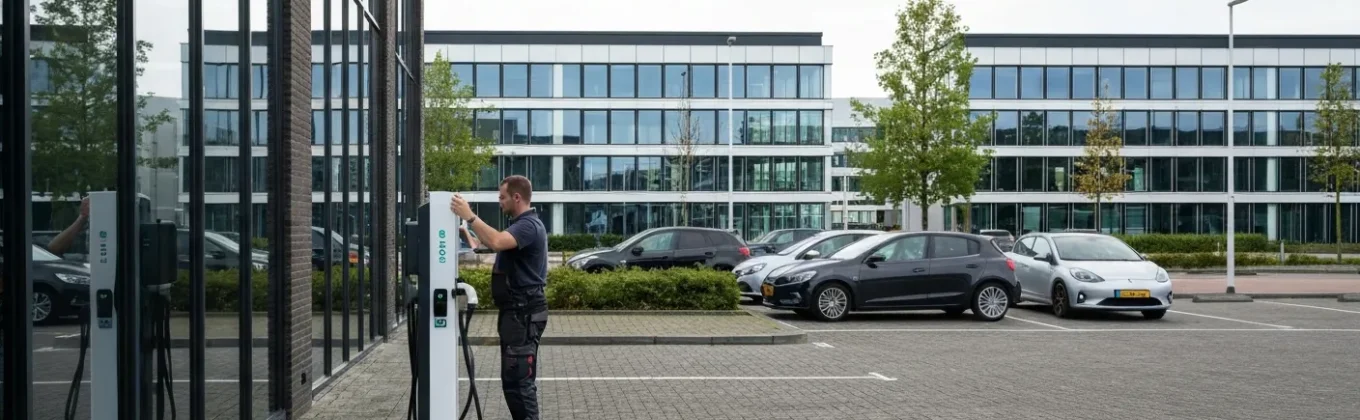 Technicus installeert laadpaal op bedrijfsparkeerplaats bij modern kantoorpand met elektrische auto's