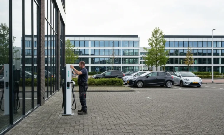 Technicus installeert laadpaal op bedrijfsparkeerplaats bij modern kantoorpand met elektrische auto's
