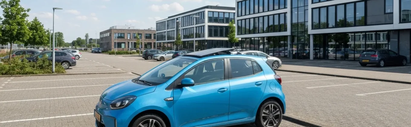 Laadpaal subsidie voor bedrijven en VvE's: moderne laadpalen bij Nederlands kantoorpand met elektrische auto's en zonnepanelen