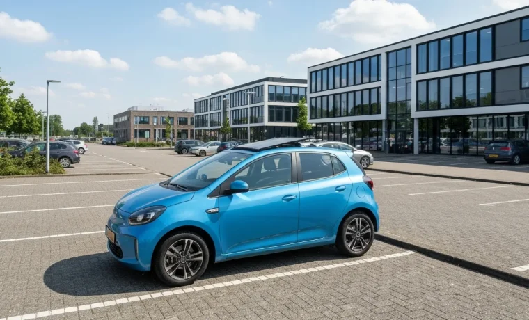 Laadpaal subsidie voor bedrijven en VvE's: moderne laadpalen bij Nederlands kantoorpand met elektrische auto's en zonnepanelen