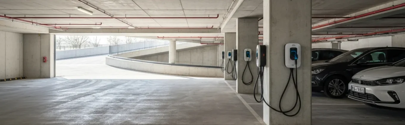 Laadpalen voor elektrische auto's in ondergrondse parkeergarage van een bedrijfsgebouw, verplicht volgens EPBD IV-regelgeving