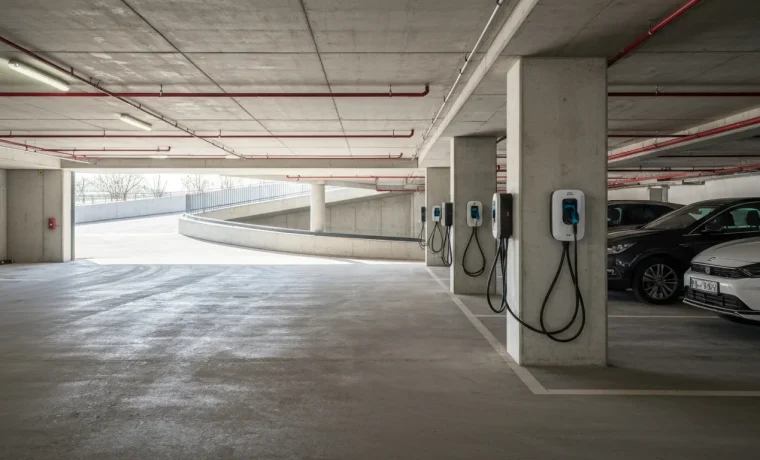 Laadpalen voor elektrische auto's in ondergrondse parkeergarage van een bedrijfsgebouw, verplicht volgens EPBD IV-regelgeving