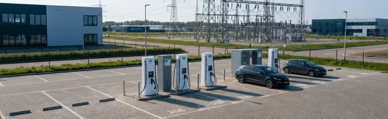 Laadstations voor elektrische auto's op bedrijfsparkeerplaats met hoogspanningsleidingen en elektriciteitsstation op de achtergrond, illustratie bij netcongestie in Nederland