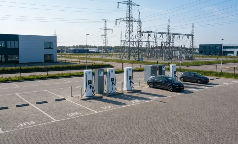 Laadstations voor elektrische auto's op bedrijfsparkeerplaats met hoogspanningsleidingen en elektriciteitsstation op de achtergrond, illustratie bij netcongestie in Nederland