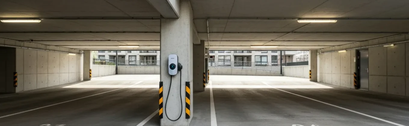 Laadpaal in de parkeergarage van een appartementencomplex voor VvE laadpaal kosten