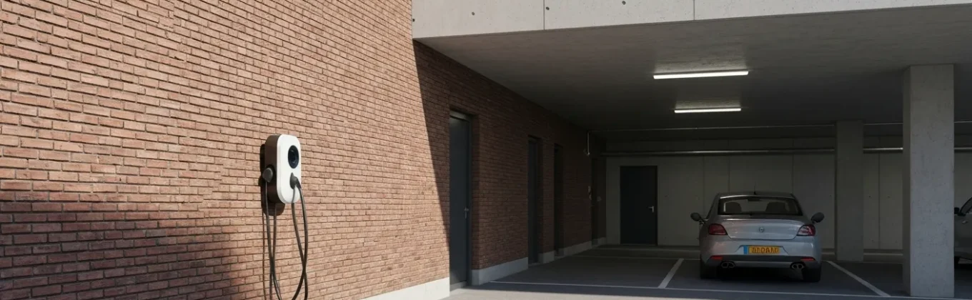 Laadpaal bij appartement in overdekte parkeergarage met opladende elektrische auto