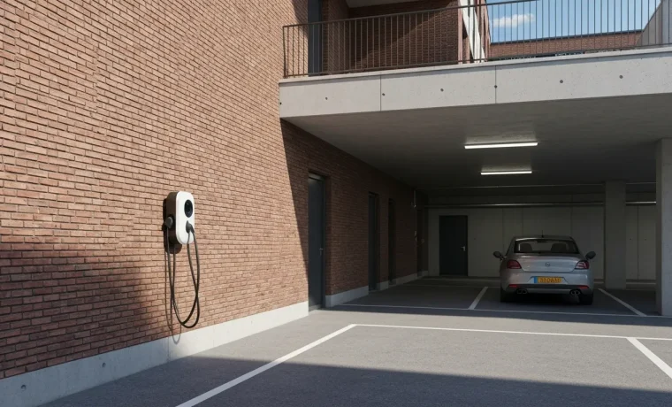 Laadpaal bij appartement in overdekte parkeergarage met opladende elektrische auto