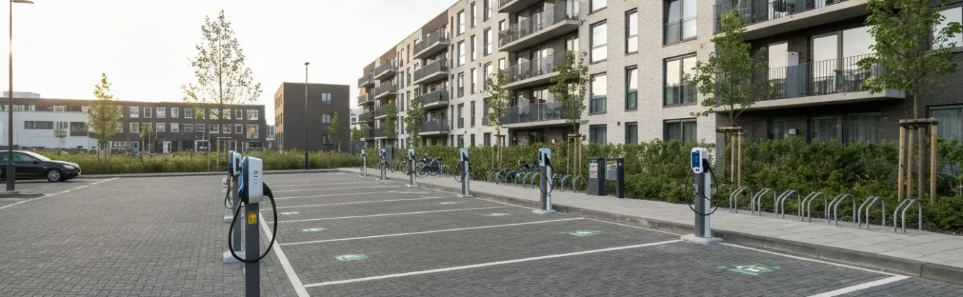 Laadpalen voor elektrische auto's op parkeerterrein bij appartementencomplex, relevant voor laadinfrastructuur subsidie voor VvE's