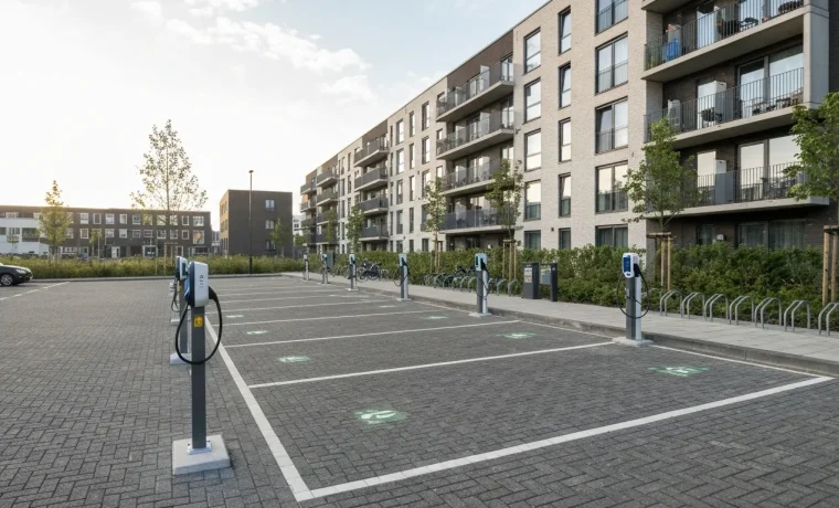 Laadpalen voor elektrische auto's op parkeerterrein bij appartementencomplex, relevant voor laadinfrastructuur subsidie voor VvE's
