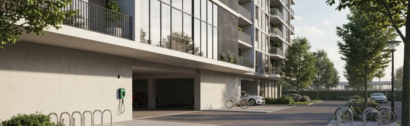 Laadpalen bij huurwoningen van een woningcorporatie op een parkeerterrein naast een appartementengebouw
