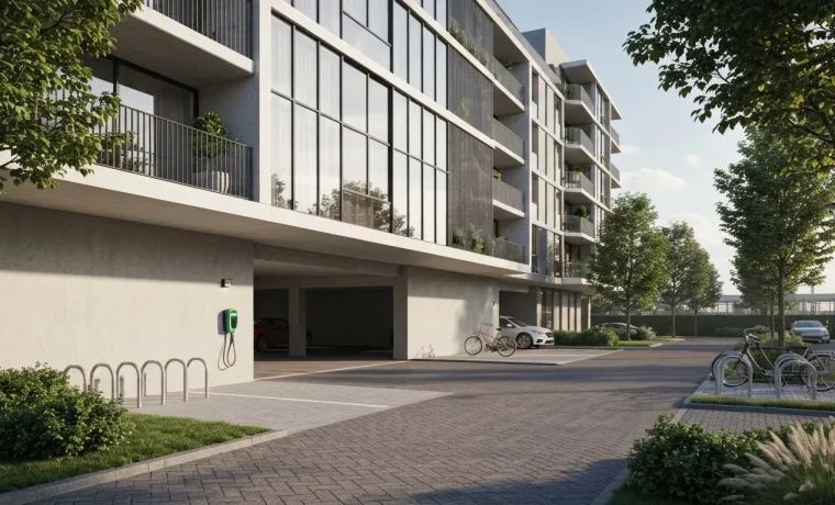 Laadpalen bij huurwoningen van een woningcorporatie op een parkeerterrein naast een appartementengebouw