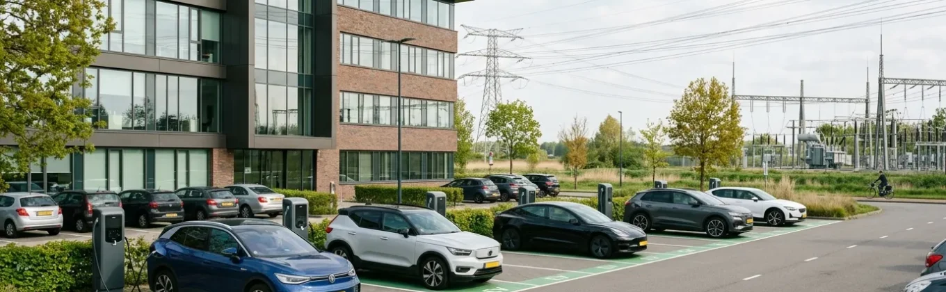 Laadpalen op bedrijfsparkeerplaats bij kantoorpand met elektrische auto's, in de context van kosten laadpaal voor bedrijven en netcongestie