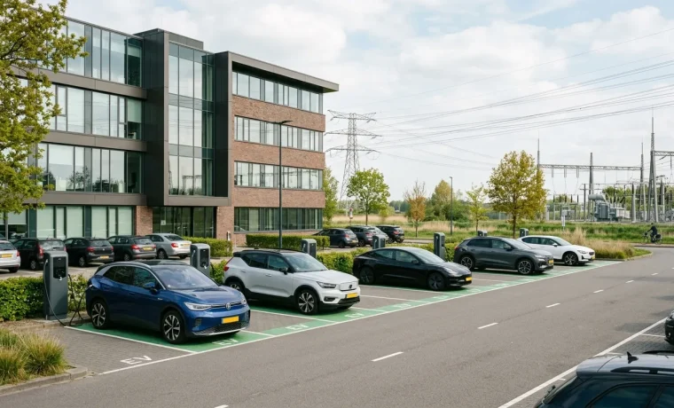 Laadpalen op bedrijfsparkeerplaats bij kantoorpand met elektrische auto's, in de context van kosten laadpaal voor bedrijven en netcongestie