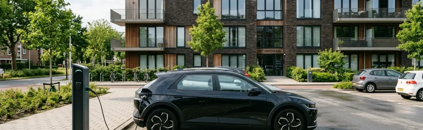 Laadpaal bij appartementengebouw waar elektrische auto oplaadt, relevant voor laadpaal terugverdienen en opbrengsten per kWh