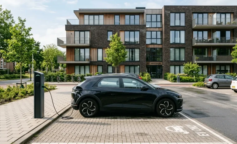 Laadpaal bij appartementengebouw waar elektrische auto oplaadt, relevant voor laadpaal terugverdienen en opbrengsten per kWh