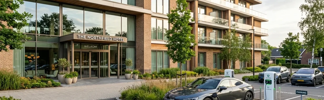 Laadpalen hotel bij parkeerplaats voor gasten van een modern hotelpand met elektrische auto in oplaadstation
