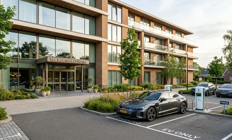 Laadpalen hotel bij parkeerplaats voor gasten van een modern hotelpand met elektrische auto in oplaadstation