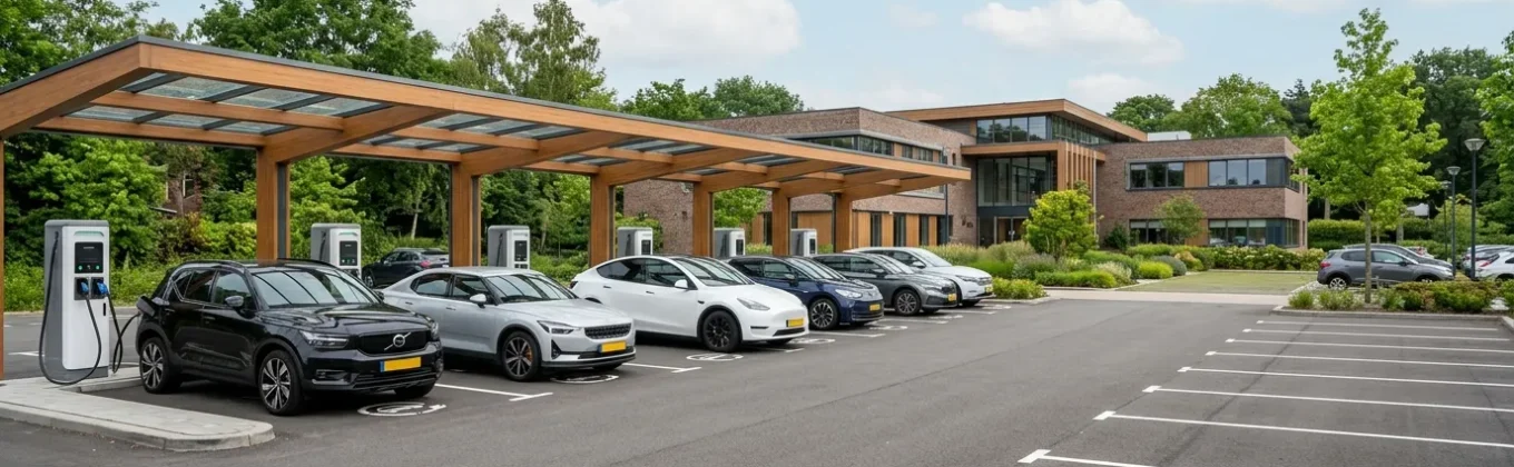 Laadplein met meerdere laadpalen voor elektrische auto's op parkeerterrein bij bedrijfspand