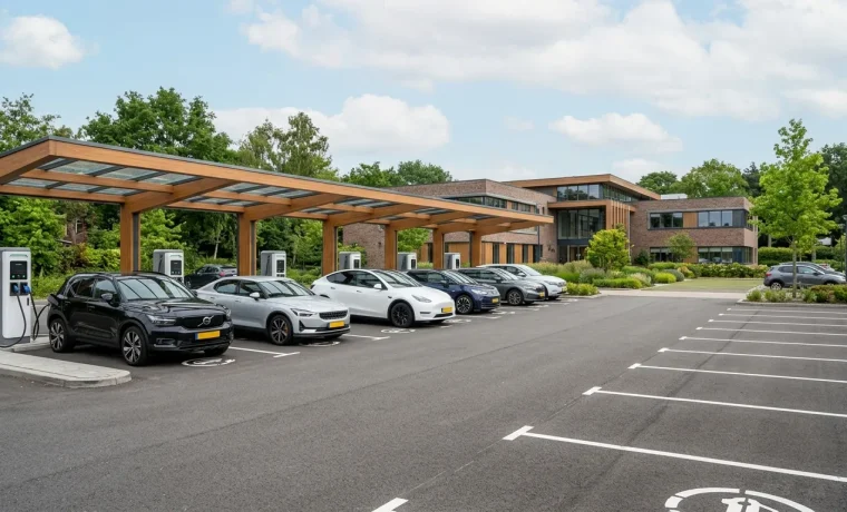 Laadplein met meerdere laadpalen voor elektrische auto's op parkeerterrein bij bedrijfspand