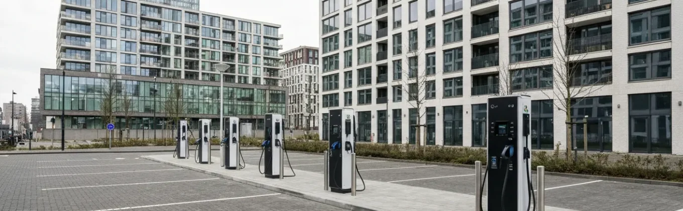 Laadplein Rotterdam met meerdere laadpalen voor elektrische auto's bij moderne vastgoedgebouwen, energieaanpak tegen netcongestie