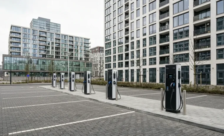 Laadplein Rotterdam met meerdere laadpalen voor elektrische auto's bij moderne vastgoedgebouwen, energieaanpak tegen netcongestie