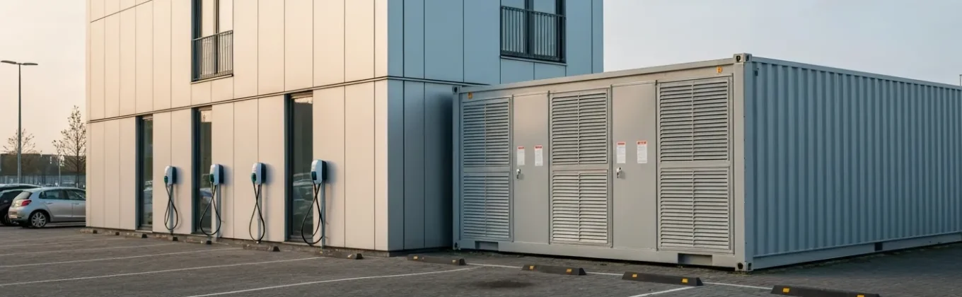 Batterijopslagsysteem naast laadinfrastructuur op bedrijfsterrein ter voorkoming van netcongestie bij bedrijf