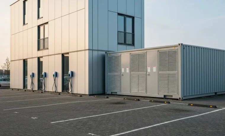 Batterijopslagsysteem naast laadinfrastructuur op bedrijfsterrein ter voorkoming van netcongestie bij bedrijf