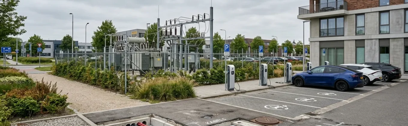 Elektriciteitsnetwerk en laadpalen bij een Nederlands bedrijventerrein, netcongestie in het stroomnet