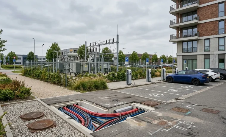 Elektriciteitsnetwerk en laadpalen bij een Nederlands bedrijventerrein, netcongestie in het stroomnet