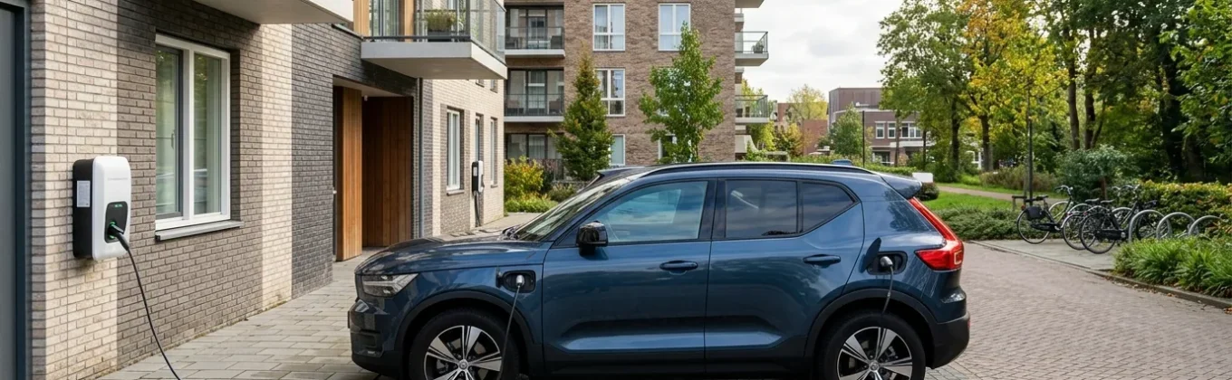 Elektrische auto aangesloten op bidirectionele laadpaal bij appartementencomplex, voorbeeld van bidirectioneel laden voor vastgoedeigenaren