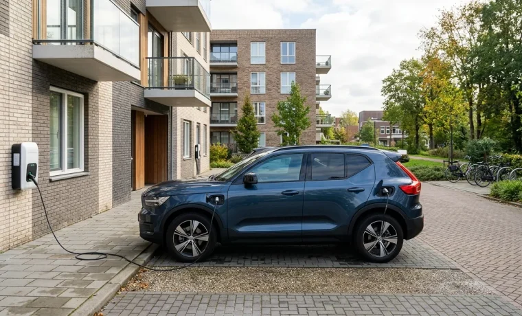 Elektrische auto aangesloten op bidirectionele laadpaal bij appartementencomplex, voorbeeld van bidirectioneel laden voor vastgoedeigenaren