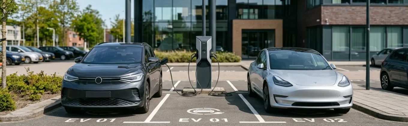 Dubbele laadpaal zakelijk op parkeerterrein bij bedrijfspand met twee elektrische auto's die tegelijk opladen