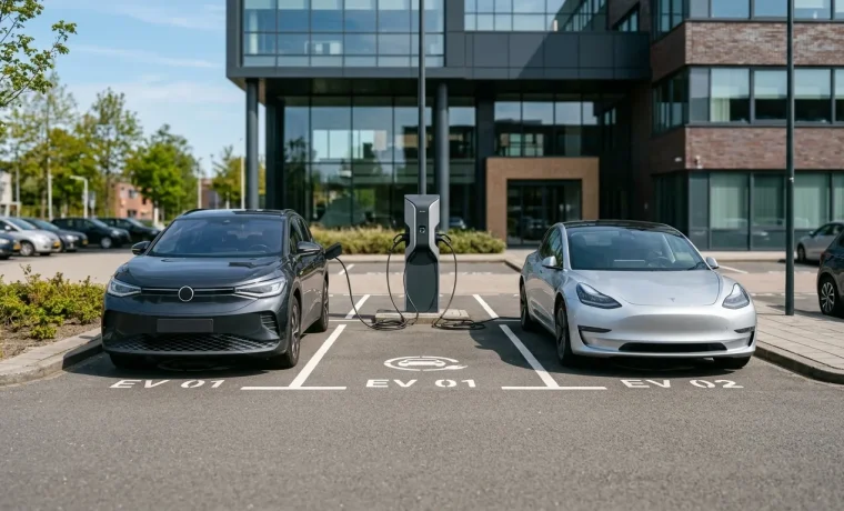 Dubbele laadpaal zakelijk op parkeerterrein bij bedrijfspand met twee elektrische auto's die tegelijk opladen