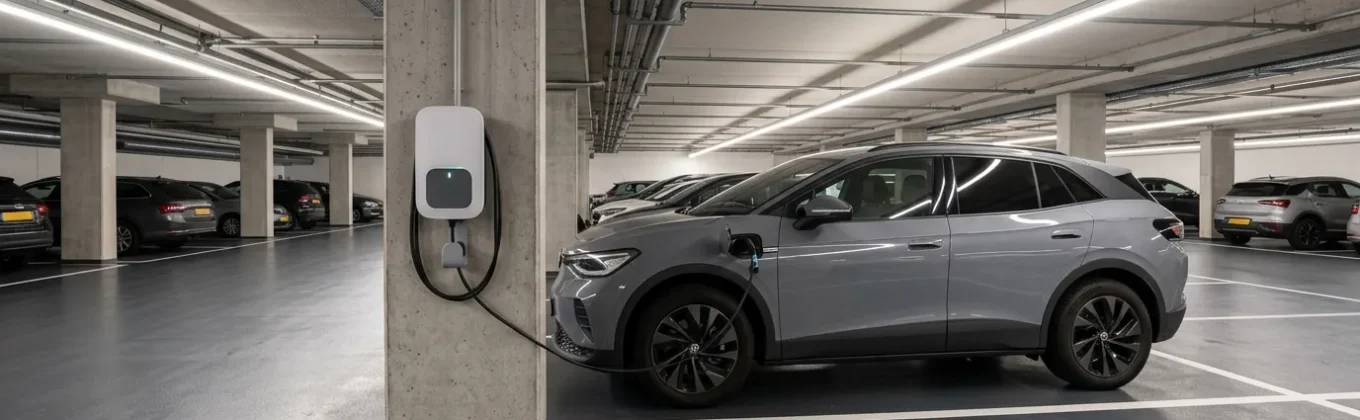 Laadpaal in parkeergarage voor het veilig opladen van elektrische auto's volgens regelgeving