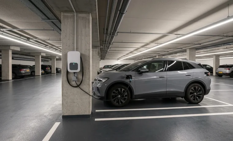 Laadpaal in parkeergarage voor het veilig opladen van elektrische auto's volgens regelgeving