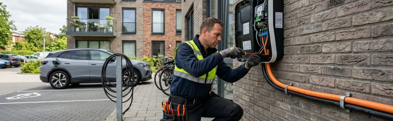 Elektricien installeert laadpaal aan gevel van appartementengebouw voor elektrische auto